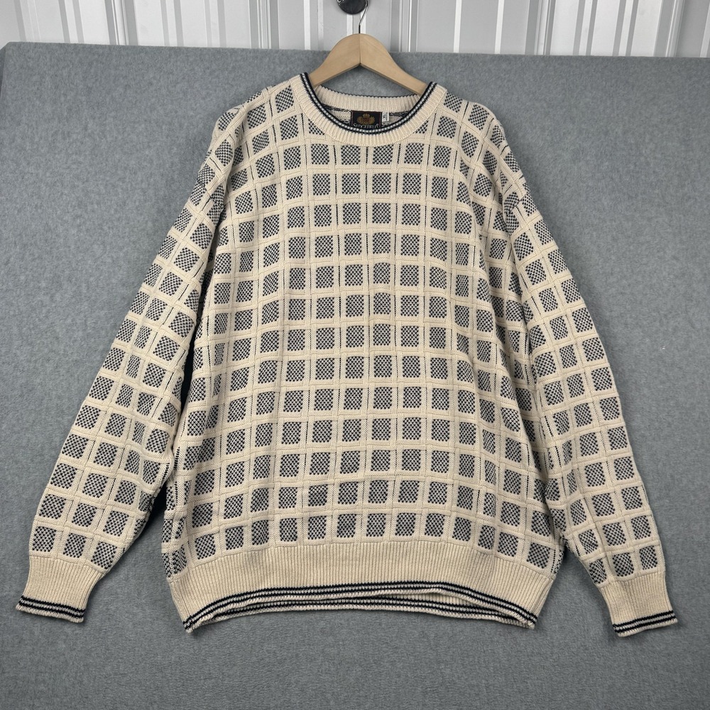 Sedgefield Sweater Mens XL Cream Navy‎ Grid Textured Knit Cotton USA Grandpa NEW